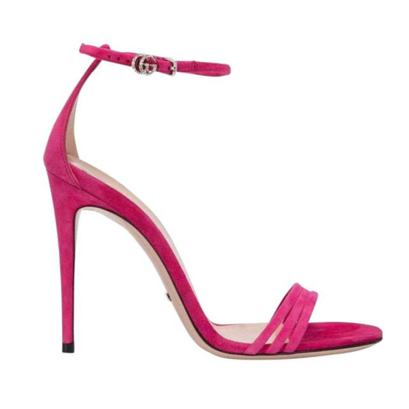 Gucci Ilse Bright Fuxia Pink Suede Crystal GG Logo Ankle Strap Heel Sandal 36 - Picture 3 of 14